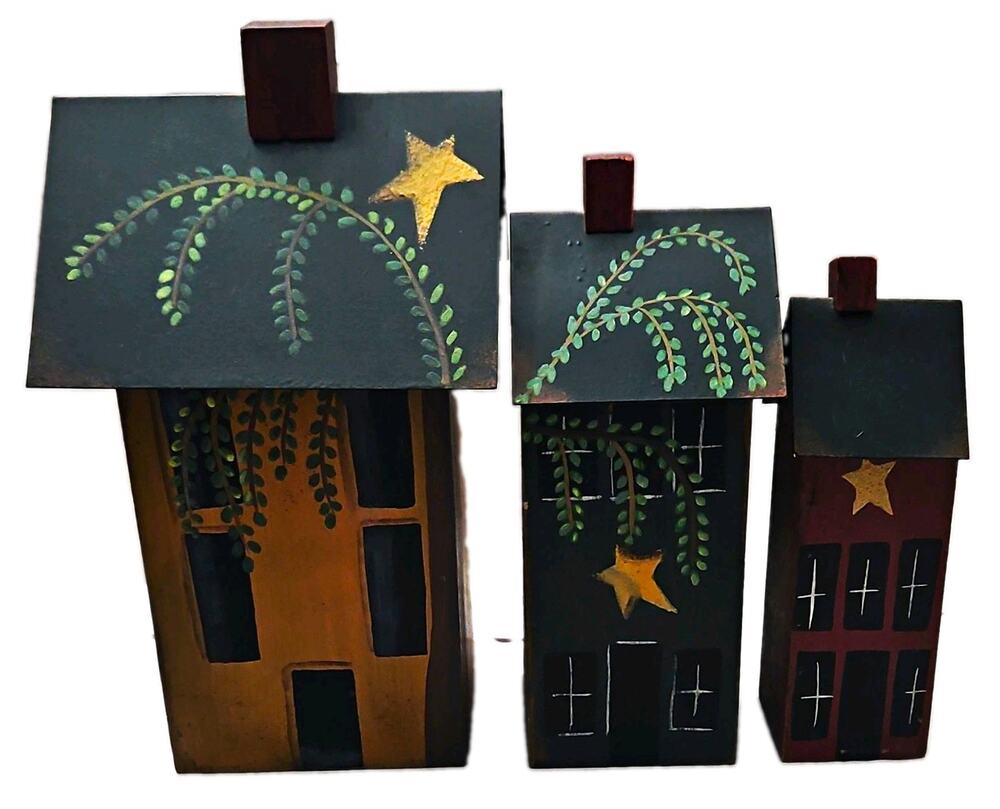 Hand-Painted Rustic/Primitive Wood House Figurines Set of 3 Black/Tan/Burgundy